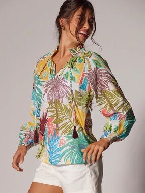 Tori Richard Multi-Color Tropical Tie-Neck Blouse